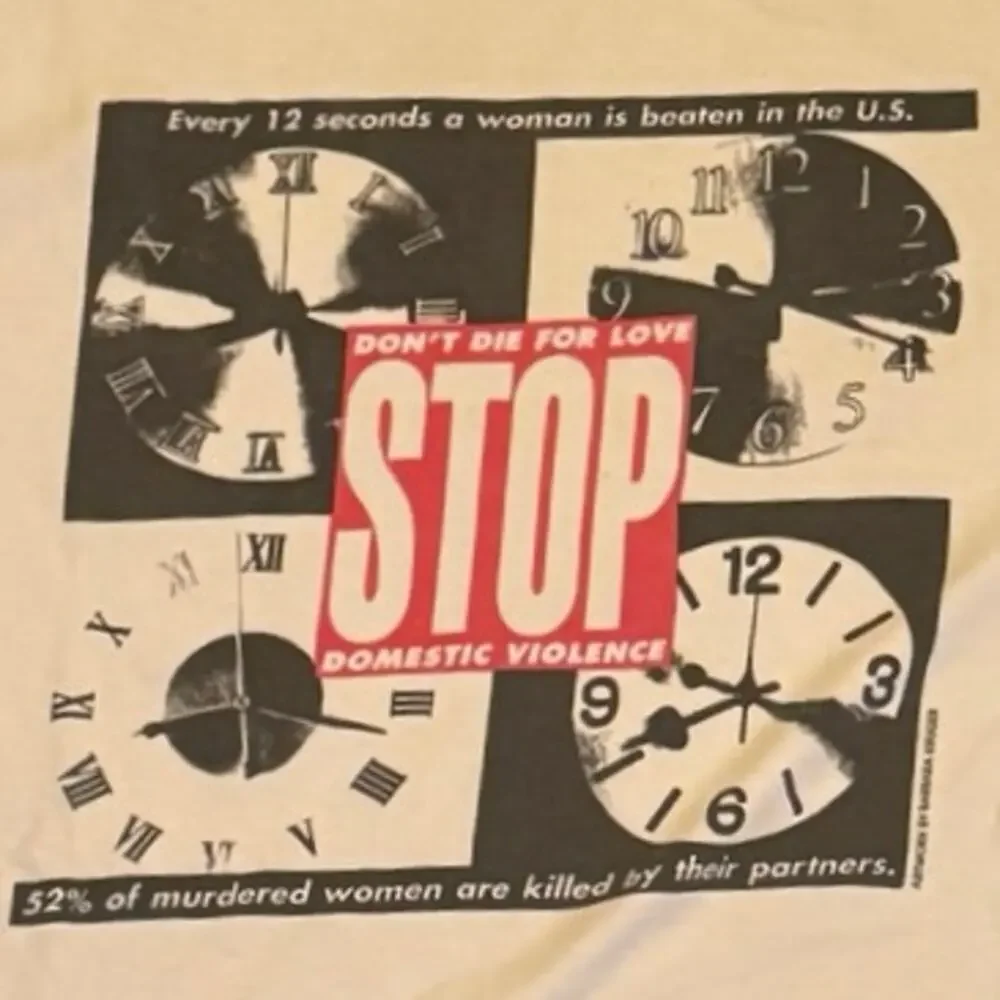BARBARA KRUGER Liz Claiborne Stop Domestic Violence 1992 Tee, One Size P2P 23.5” - Picture 4 of 7